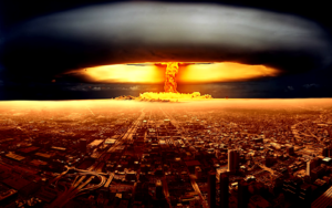 Bomba atômica explodindo numa cidade