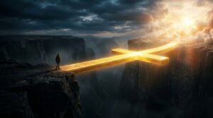 Homem caminhando sobre uma ponte em forma de luz
