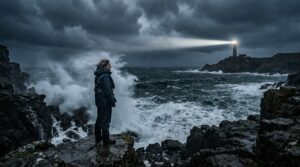 Mulher olhando para um farol em frente ao mar revolto