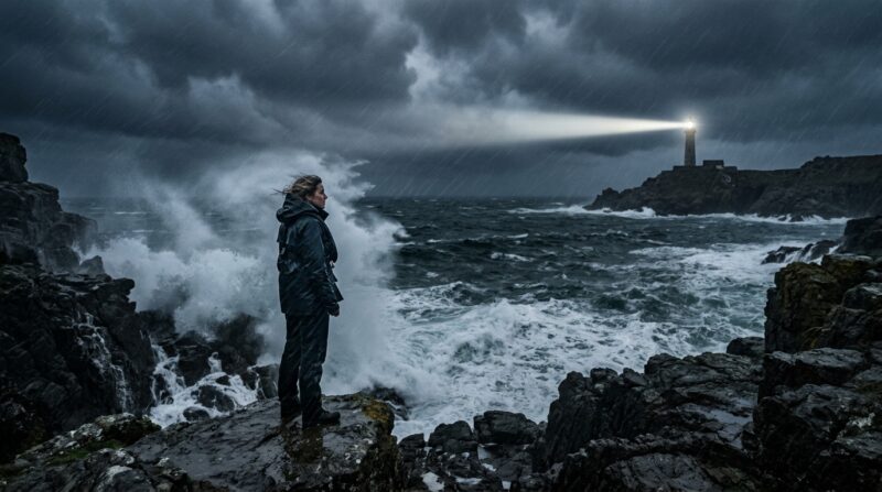 Mulher olhando para um farol em frente ao mar revolto