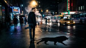 Rapaz andando na calçada de uma cidade a noite, a sombra de um leão na calçada