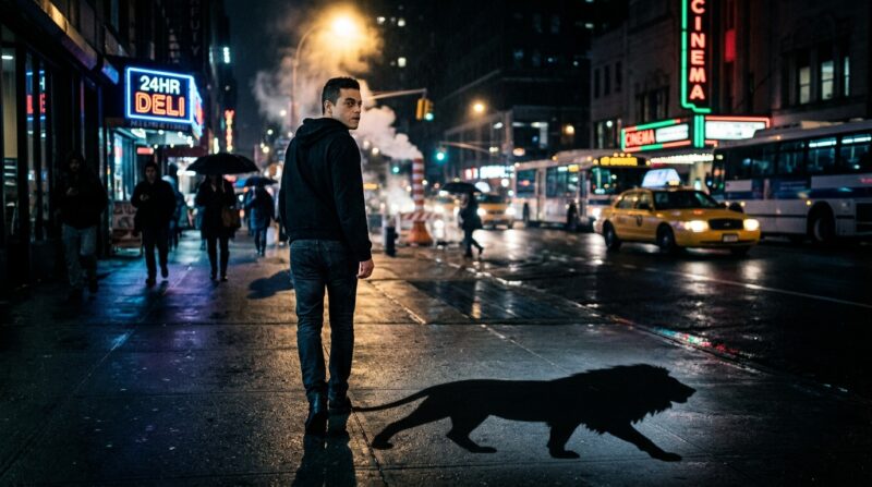 Rapaz andando na calçada de uma cidade a noite, a sombra de um leão na calçada