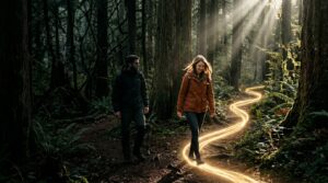 Homem e mulher andam numa floresta aonde há uma trilha
