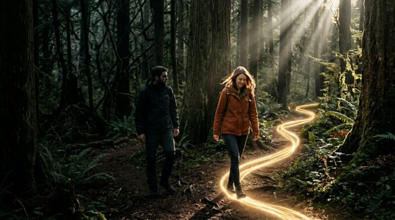 Homem e mulher andam numa floresta aonde há uma trilha