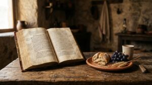 Mesa com a biblia abertra e do lado pão, trigo, uva e um copo todos em cima da mesa