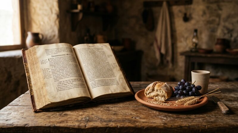 Mesa com a biblia abertra e do lado pão, trigo, uva e um copo todos em cima da mesa