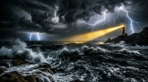 Mar agitado, farol ilumina o mar, ao fundo tempestade