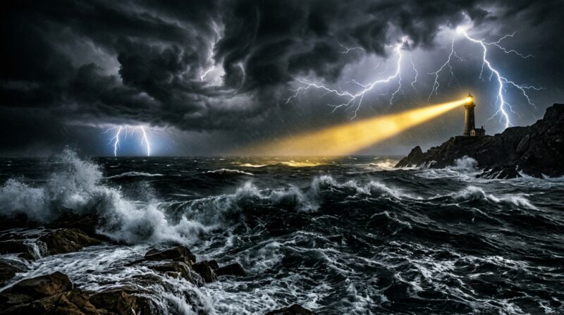 Mar agitado, farol ilumina o mar, ao fundo tempestade
