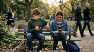 Um rapaz e uma moça com 12 anos de idade sentados lado a lado usando o celular numa praça