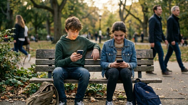 Um rapaz e uma moça com 12 anos de idade sentados lado a lado usando o celular numa praça
