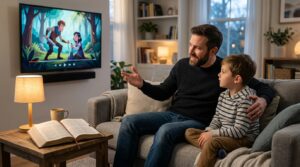 Pai e filho sentados no sofá assistindo desenho animado na televisão
