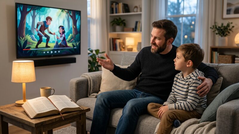 Pai e filho sentados no sofá assistindo desenho animado na televisão