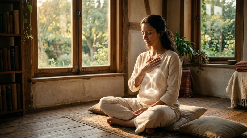 Mulher meditando com ampulheta dentro de sí