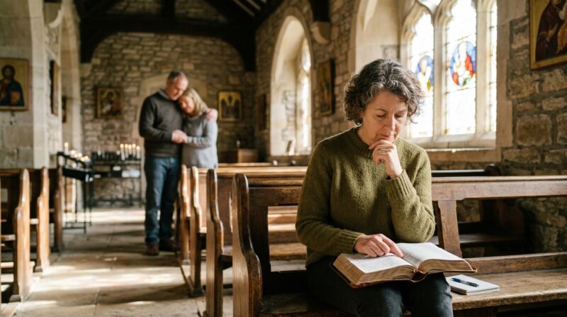 Mulher dentro de uma igreja lendo a bíblia, ao fundo um casal