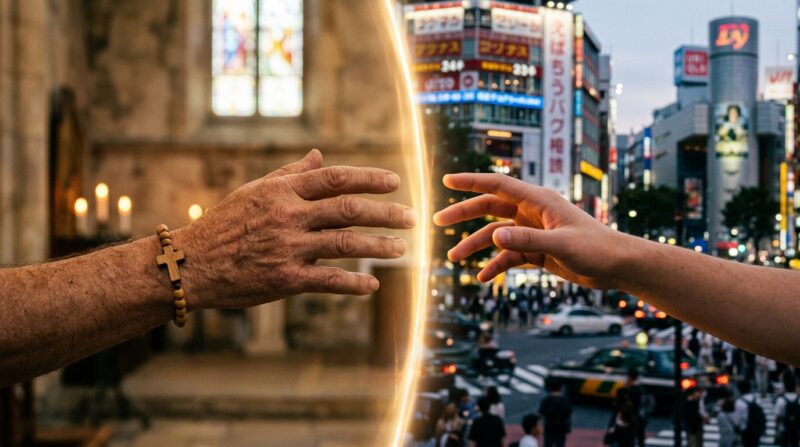 Duas mãos, uma na igreja e outra na cidade se tocando, separadas por uma luz