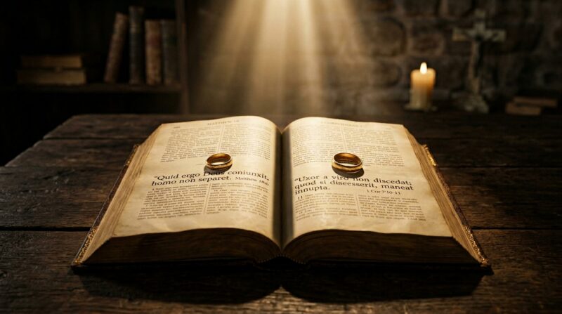 Biblia aberta sobre a mesa com duas alianças sobre ela