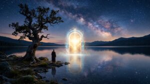 Homem voltado para um lago ao anoitecer, uma porta de luz está a sua frente, ele está a margem do lado debaixo de uma árvore