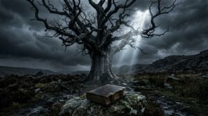 imagem sombria, uma árvore seca, uma bíblia em baixo da árvore e a luz do luar clareando a bíblia num feixe de luz